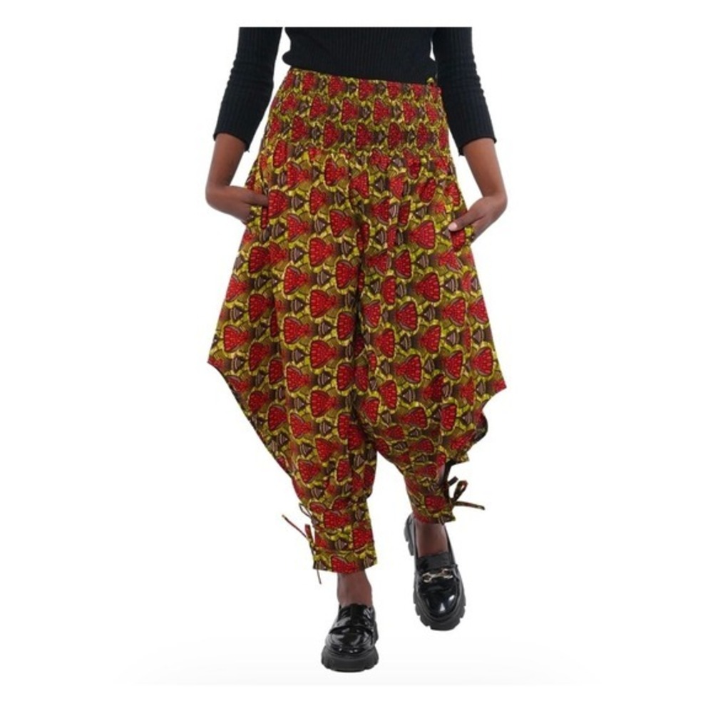 African Wax Print Harem Pants Smocked Waist Tie Ankle Boho Genie OS 100% Cotton - Picture 6 of 13